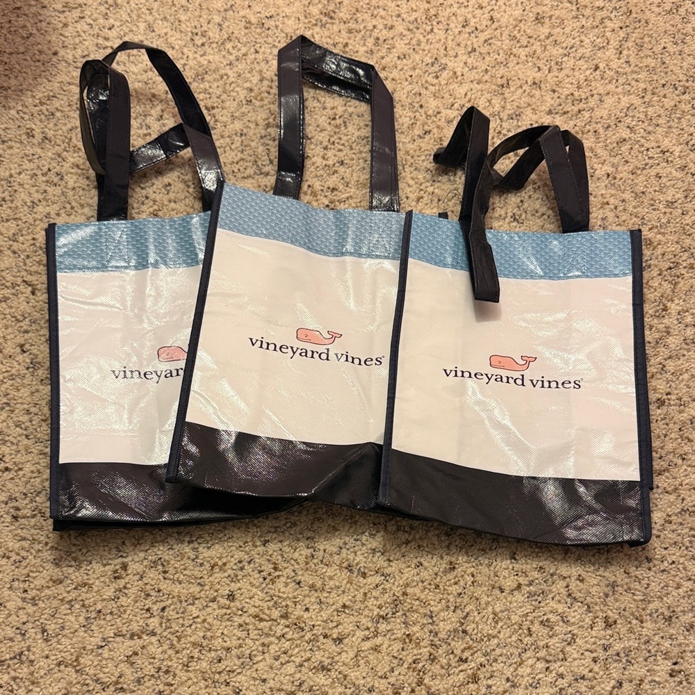 Vineyard Vines White & Blue Reusable Tote Bags with Pink Whale Logo